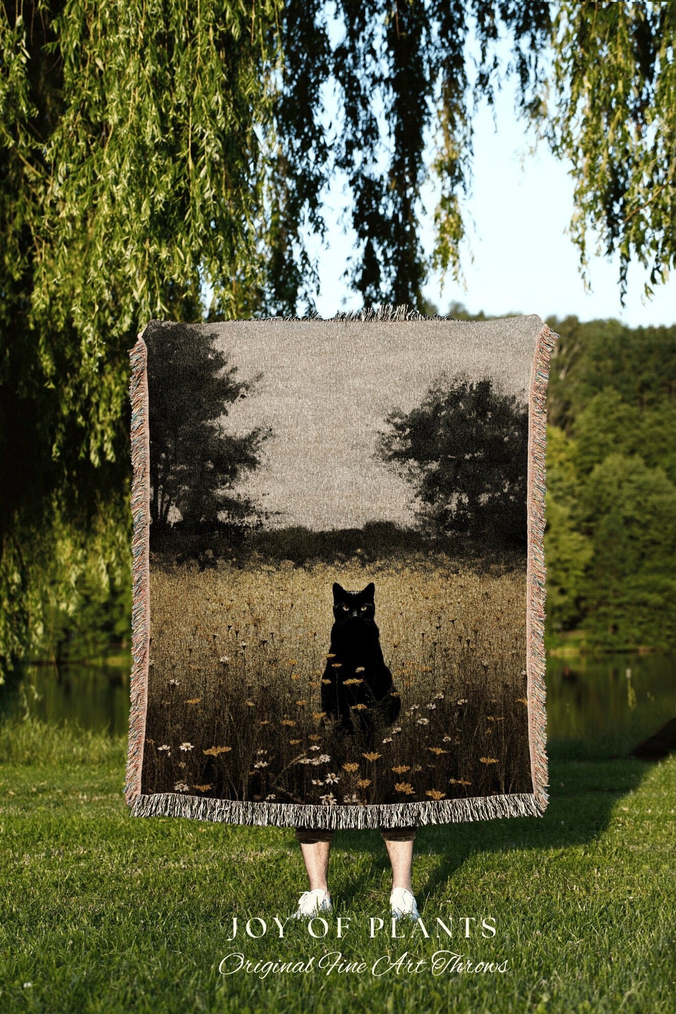 Vintage Halloween Tapestry Woven Blanket Black Cat Painting Decor Tapestry Black Cat Woven Blanket | Spooky Fall Landscape Wall Art Tapestry