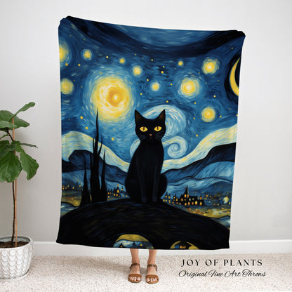 Starry Night Tapestry Black Cat Art Famous Painting Decor Tapestry Black Cat Woven Blanket | Spooky Halloween Cat Vincent Van Gogh Tapestry