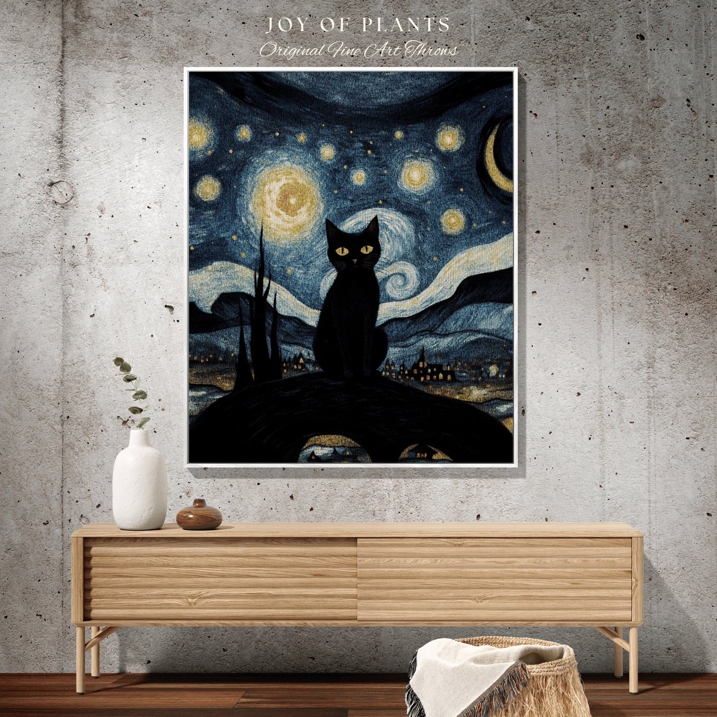 Starry Night Tapestry Black Cat Art Famous Painting Decor Tapestry Black Cat Woven Blanket | Spooky Halloween Cat Vincent Van Gogh Tapestry