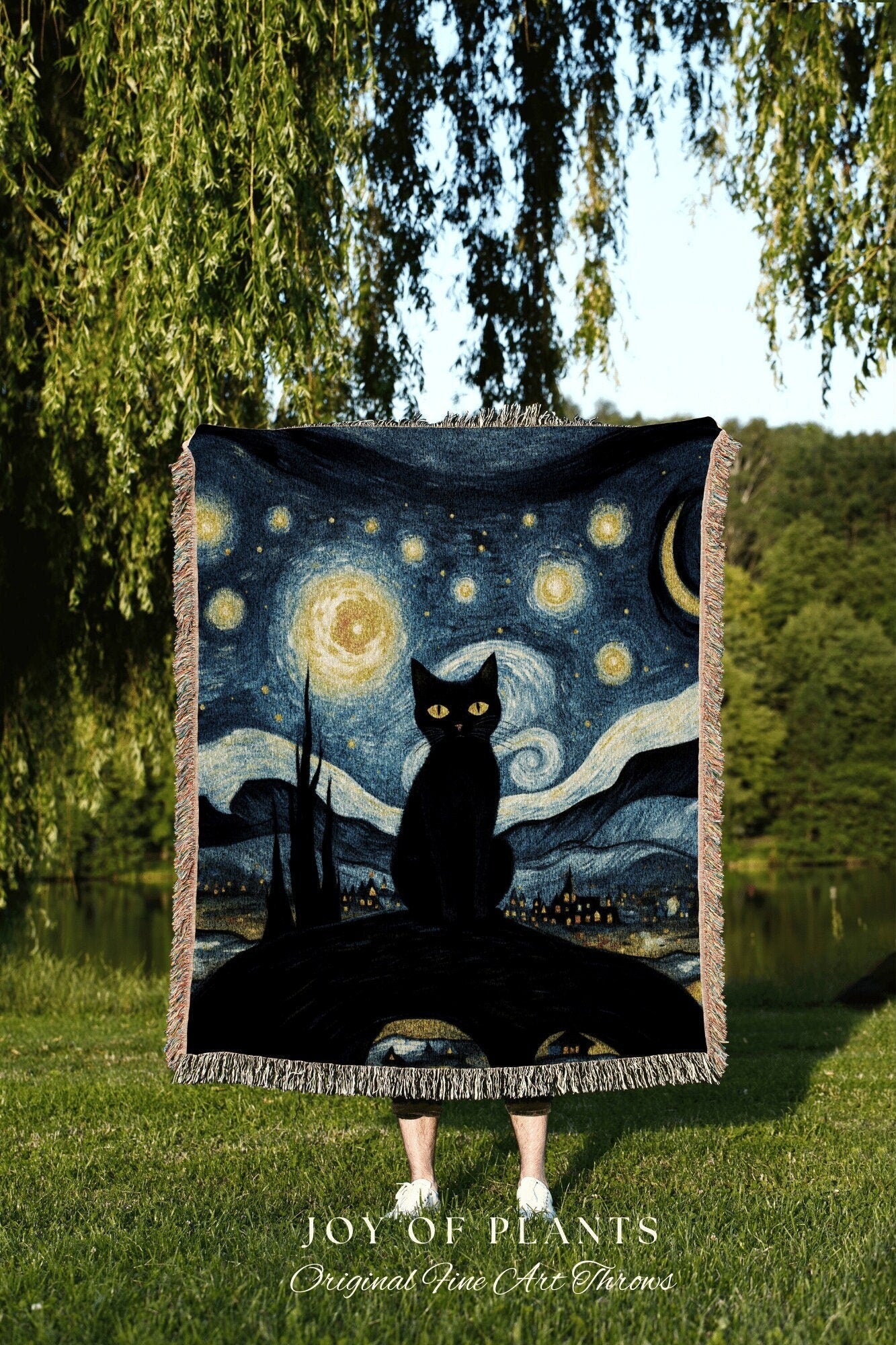 Starry Night Tapestry Black Cat Art Famous Painting Decor Tapestry Black Cat Woven Blanket | Spooky Halloween Cat Vincent Van Gogh Tapestry