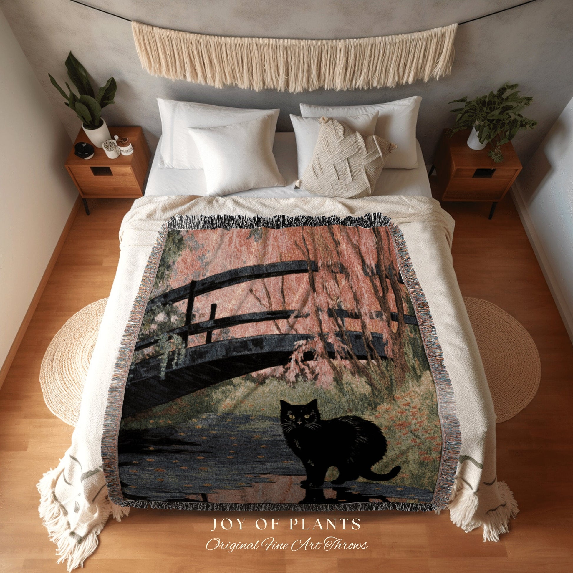 Woven Tapestry Black Cat Art Claude Monet Bridge over a Pond of Water Lilies | Famous Art Tapestry Monet Water Lilies Blanket Cat Lover Gift