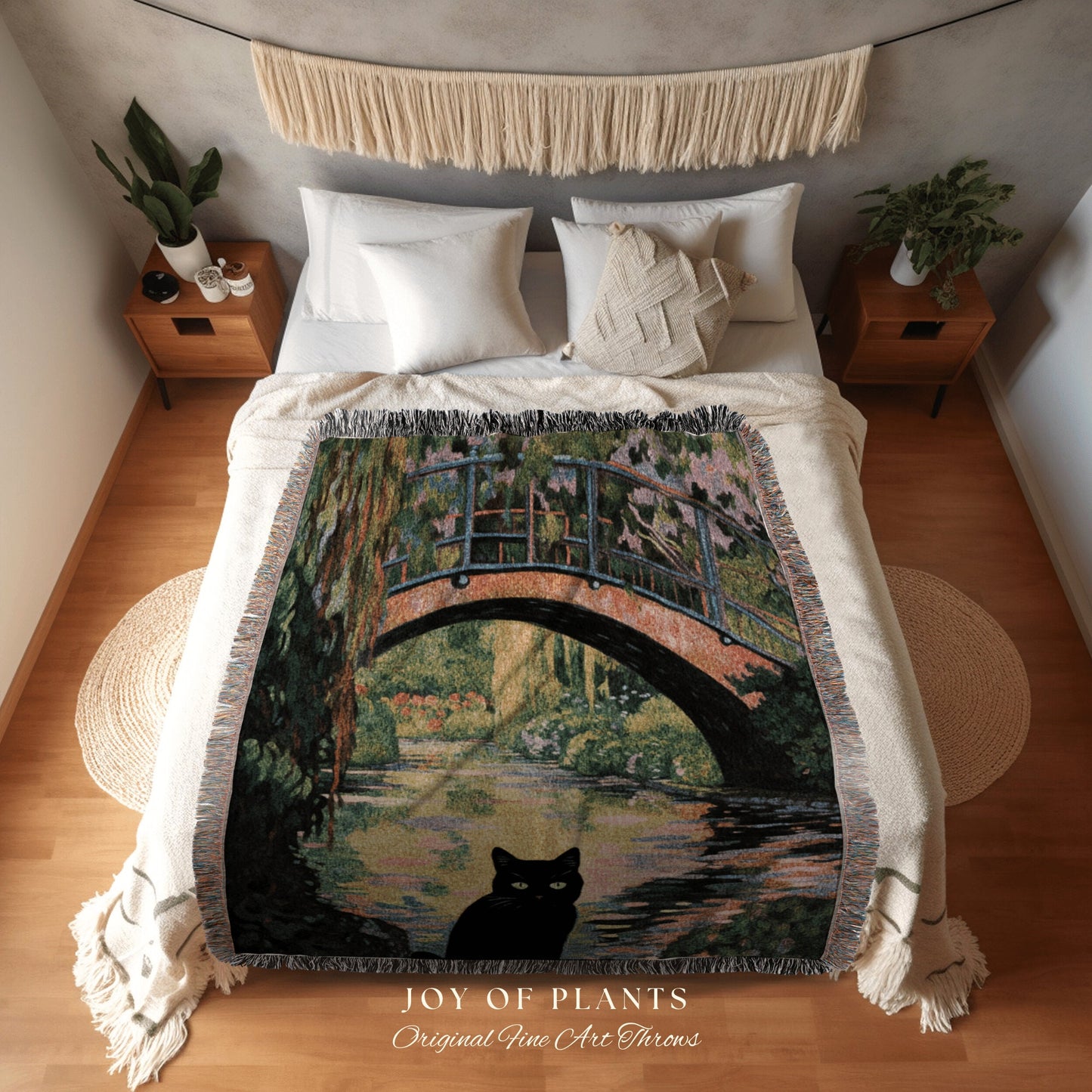 Spooky Cute Cat Blanket Woven Tapestry Claude Monet Bridge Over a Pond of Water Lilies | Art Tapestry Monet Water Lilies Blanket Cat Gift |