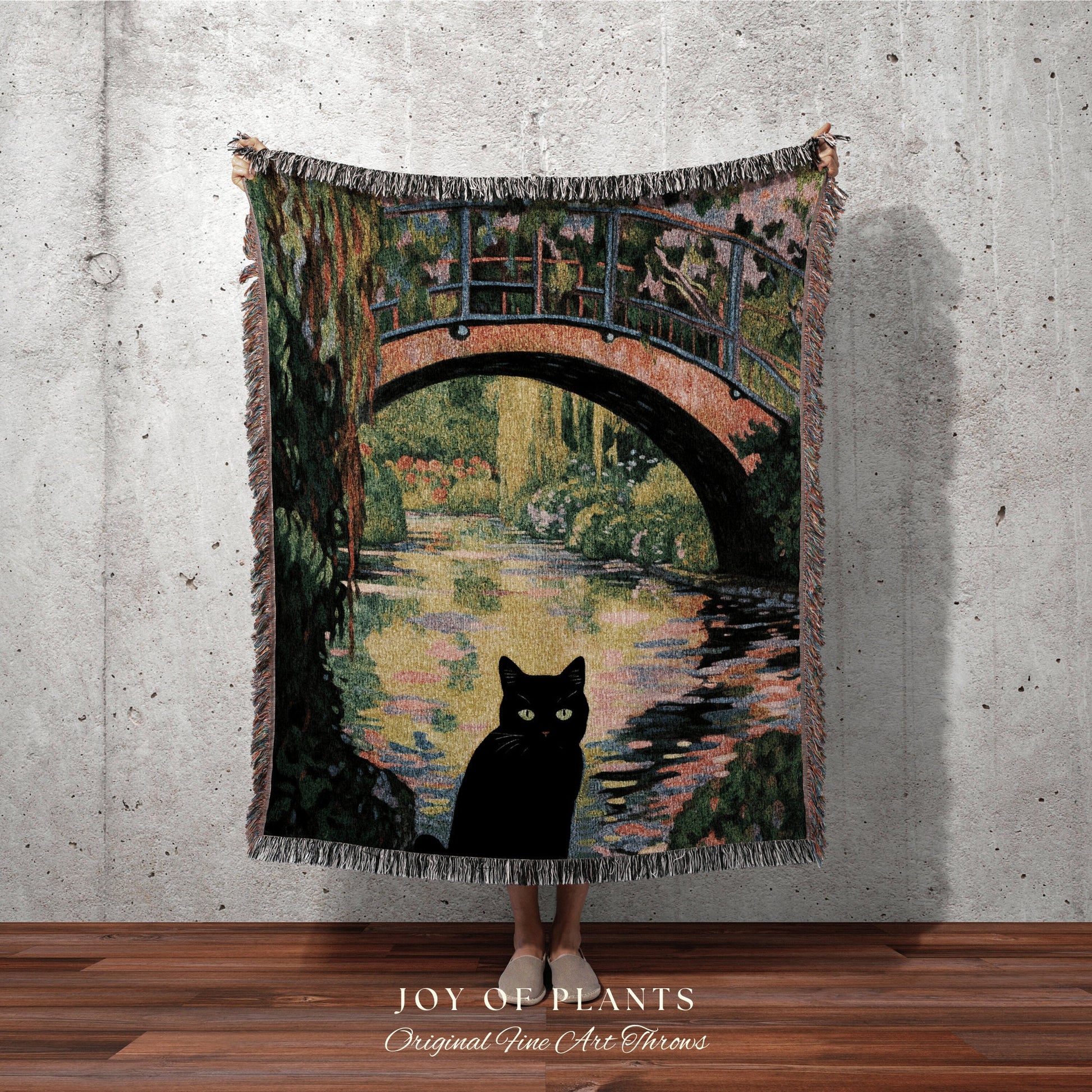 Spooky Cute Cat Blanket Woven Tapestry Claude Monet Bridge Over a Pond of Water Lilies | Art Tapestry Monet Water Lilies Blanket Cat Gift |