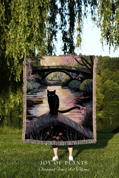 Black Cat Woven Tapestry Art Claude Monet Bridge Over A Pond Of Water Lilies | Art Tapestry Monet Water Lilies Blanket Cat Painting Tapestry