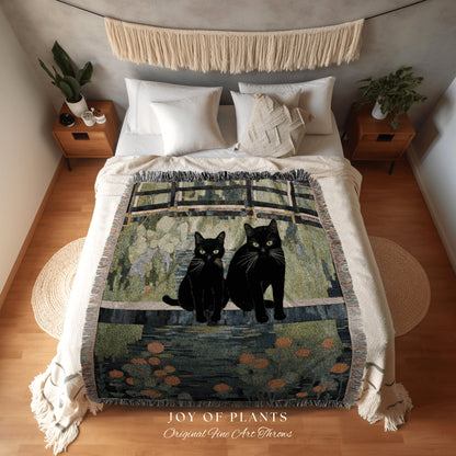 Two Cats at the Pond Blanket Woven Tapestry Claude Monet Bridge Over a Pond of Water Lilies | Art Tapestry Monet Water Lilies Blanket Cat |