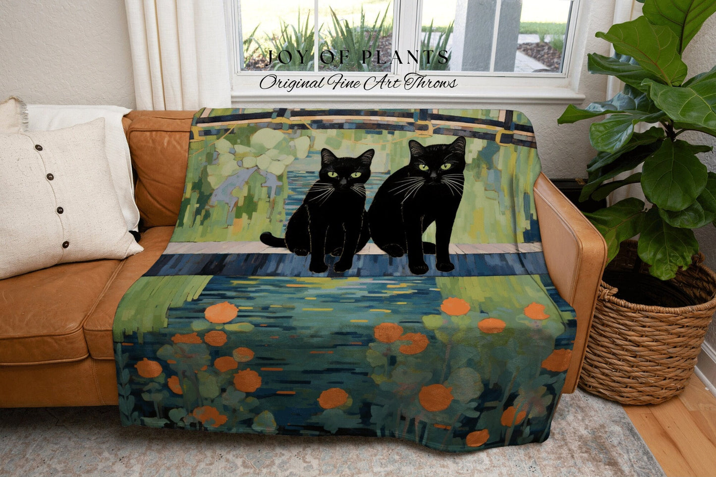 Two Cats at the Pond Blanket Woven Tapestry Claude Monet Bridge Over a Pond of Water Lilies | Art Tapestry Monet Water Lilies Blanket Cat |