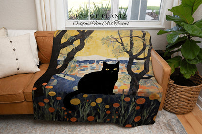 Vintage Fall Aesthetic Halloween Tapestry Black Cat Woven Throw Blanket | Autumn Decor Black Cat Halloween Decor Dark Cottagecore Tapestry