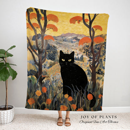 Autumn Landscape Tapestry Wall Art Black Cat Woven Throw Blanket | Autumn Decor Black Cat Halloween Decor Dark Cottagecore Tapestry Vintage