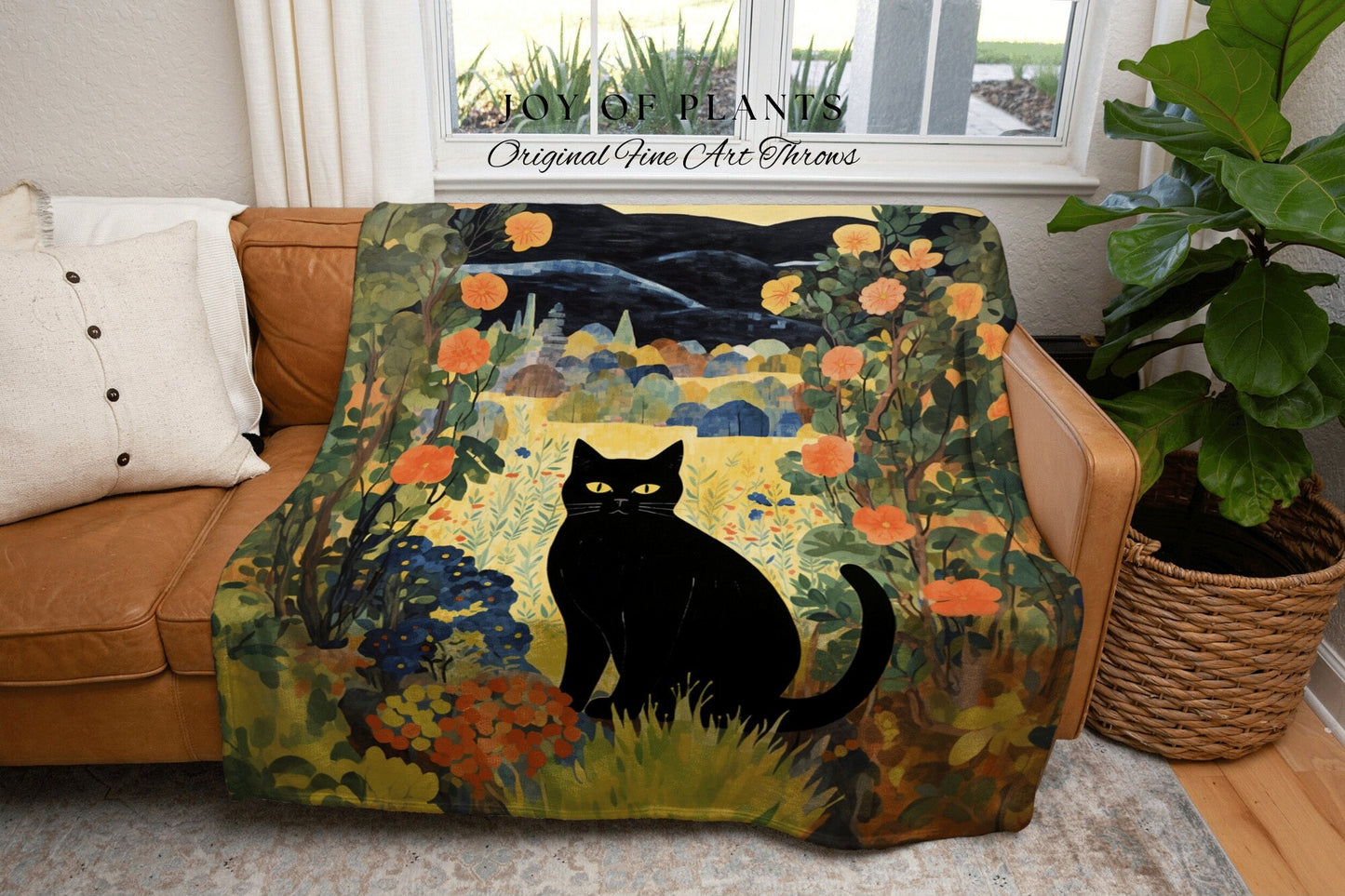 Fall Aesthetic Vintage Cat in the Wildflowers Tapestry Floral Art Halloween Decor Tapestry Black Cat Woven Blanket | Boho Cat Cottagecore |