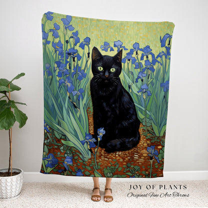 Black Cat in the Iris Flowers Tapestry Art Famous Cat Painting Tapestry Black Cat Woven Blanket | Art History Gift Vincent Van Gogh Inspired