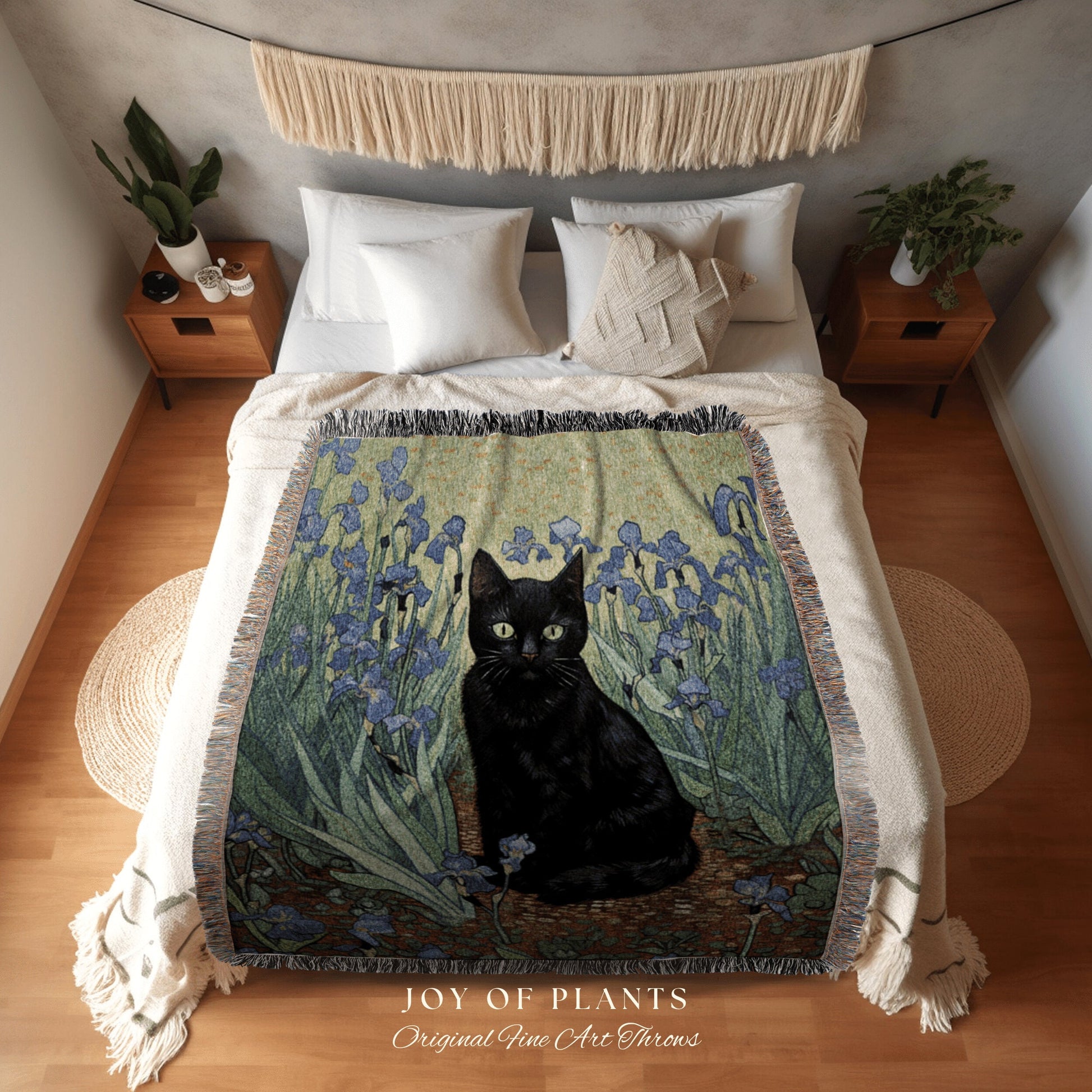 Black Cat in the Iris Flowers Tapestry Art Famous Cat Painting Tapestry Black Cat Woven Blanket | Art History Gift Vincent Van Gogh Inspired