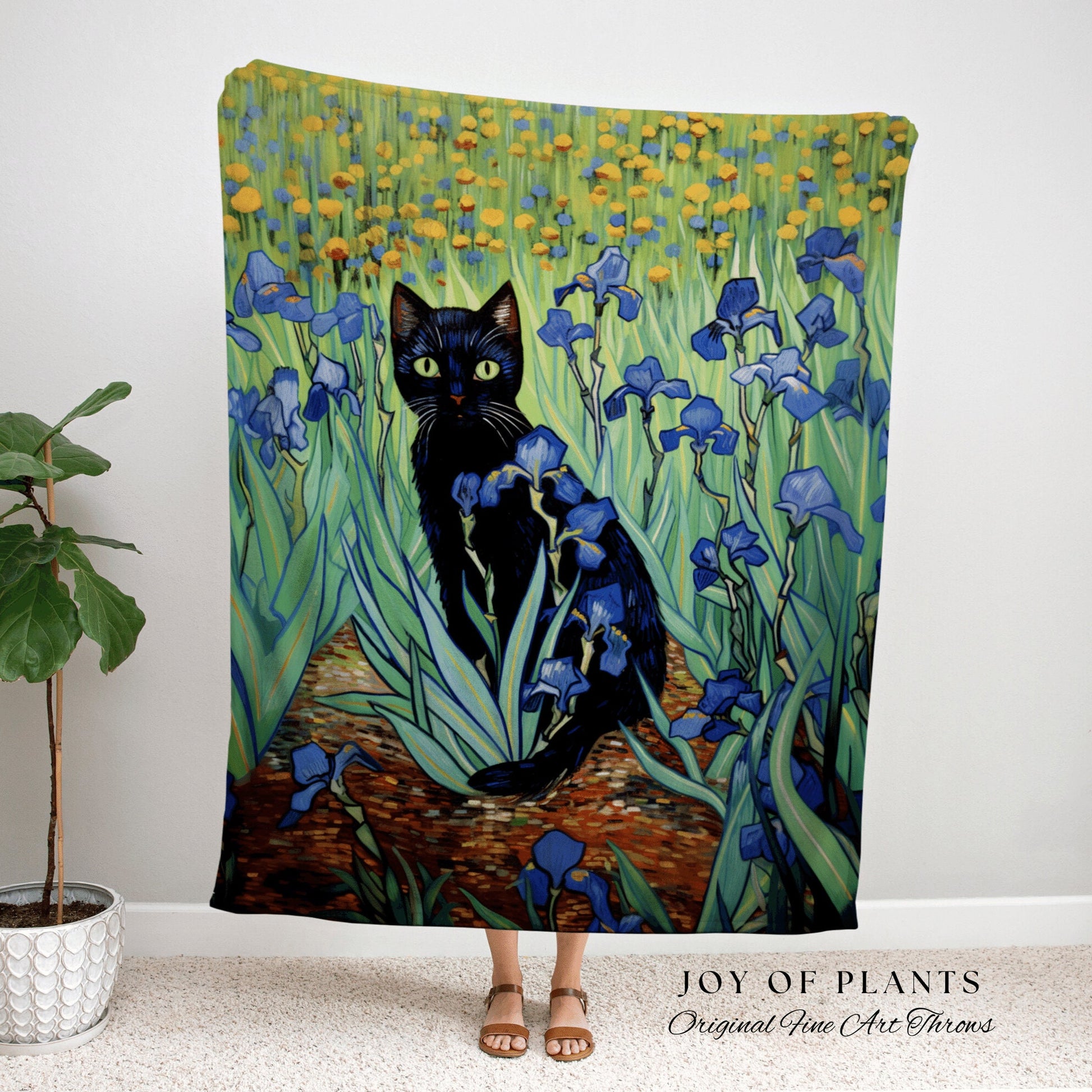 Iris Flower Painting Tapestry Woven Art Famous Cat Painting Decor Tapestry Black Cat Woven Blanket | Vincent Van Gogh Funny Tapestry Gift |