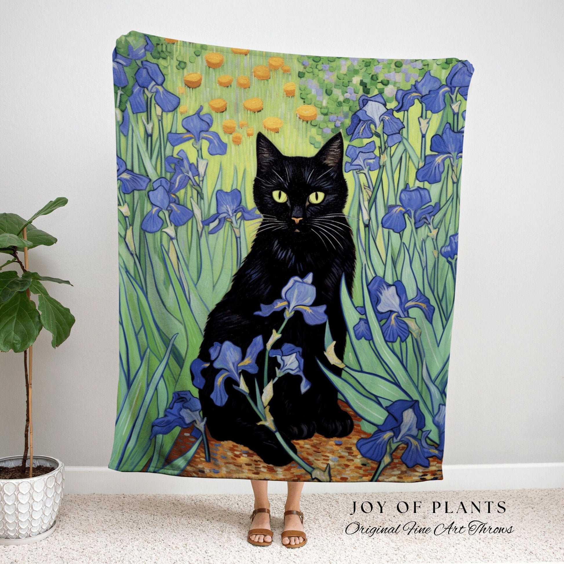 Black Cat Iris Flower Tapestry Woven Art Famous Cat Painting Decor Tapestry Black Cat Woven Blanket | Vincent Van Gogh Funny Tapestry Gift |