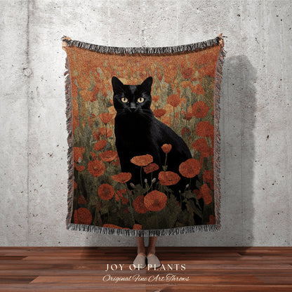 Black Cat in the Poppy Flowers Fall Decor Tapestry Black Cat Woven Blanket | Spooky Cat Halloween Decor Dark Cottagecore Tapestry Floral |