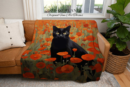 Black Cat in the Poppy Flowers Fall Decor Tapestry Black Cat Woven Blanket | Spooky Cat Halloween Decor Dark Cottagecore Tapestry Floral |