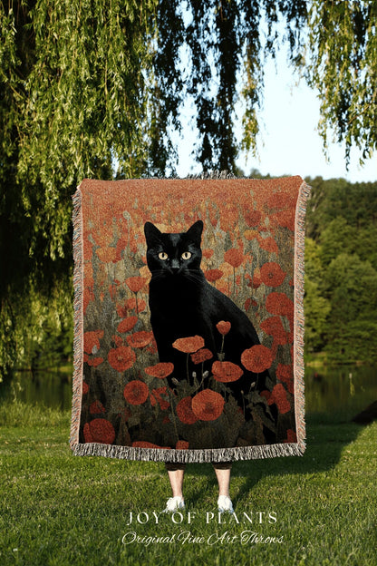 Black Cat in the Poppy Flowers Fall Decor Tapestry Black Cat Woven Blanket | Spooky Cat Halloween Decor Dark Cottagecore Tapestry Floral |