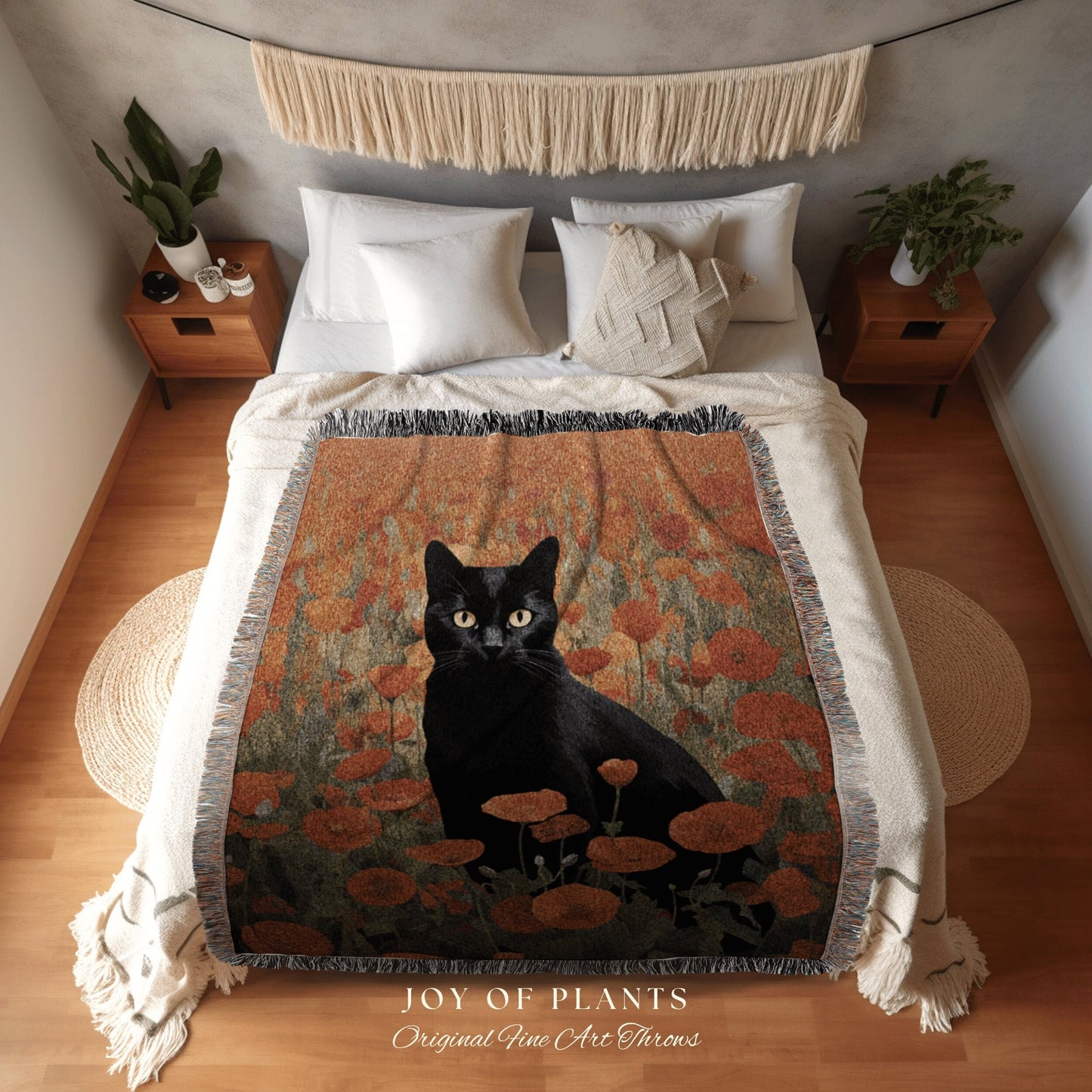 Black Cat in the Poppy Flowers Fall Decor Tapestry Black Cat Woven Blanket | Spooky Cat Halloween Decor Dark Cottagecore Tapestry Floral |