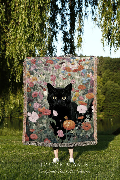 Whimsical Cat Tapestry Floral Art Halloween Decor Tapestry Black Cat Woven Blanket | Spooky Cat Halloween Decor Dark Cottagecore Tapestry |