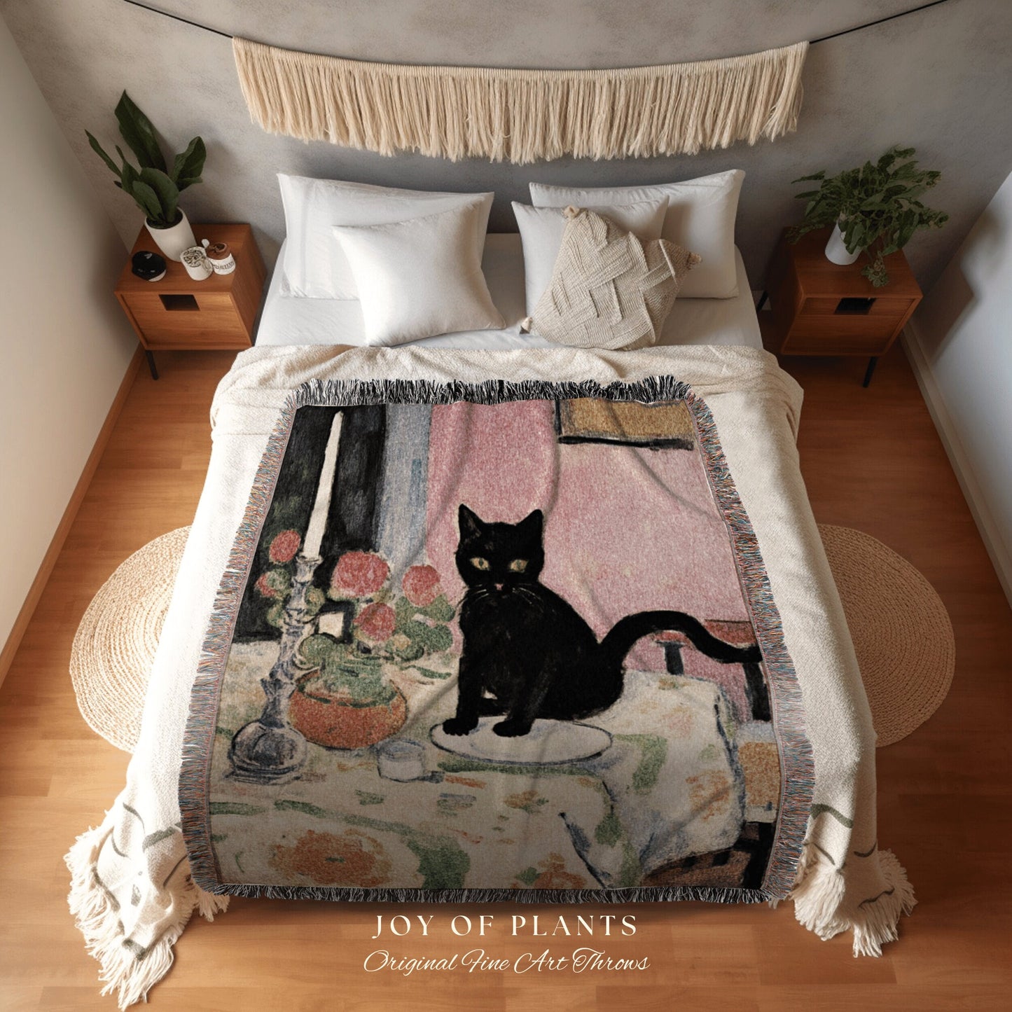 Black Cat Aesthetic Halloween Tapestry Van Gogh Inspired Art Blanket Woven | Whimsical Room Decor Black Cat Decor Dark Cottagecore Tapestry