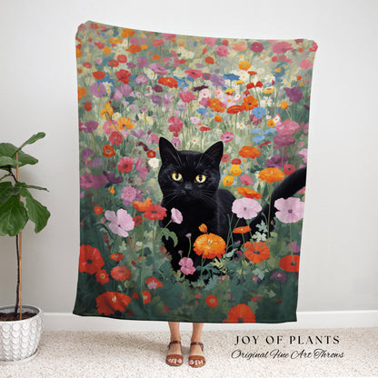 Bright Floral Wildflowers Blanket Cat Art Fall Decor Tapestry Woven Throw Blanket | Black Cat Woven Blanket Boho Halloween Cat Cottagecore |