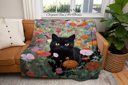 Whimsical Cat Tapestry Floral Art Halloween Decor Tapestry Black Cat Woven Blanket | Spooky Cat Halloween Decor Dark Cottagecore Tapestry |