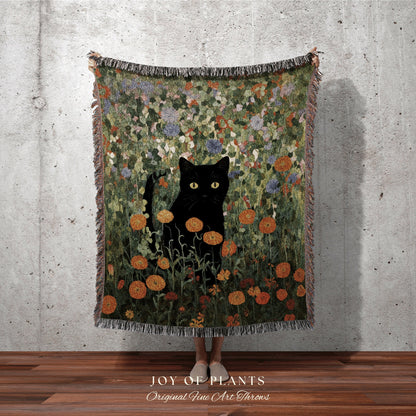 Black Cat In The Wildflowers Tapestry Floral Art Halloween Decor Tapestry Black Cat Woven Blanket | Spooky Cat Halloween Decor Cottagecore |