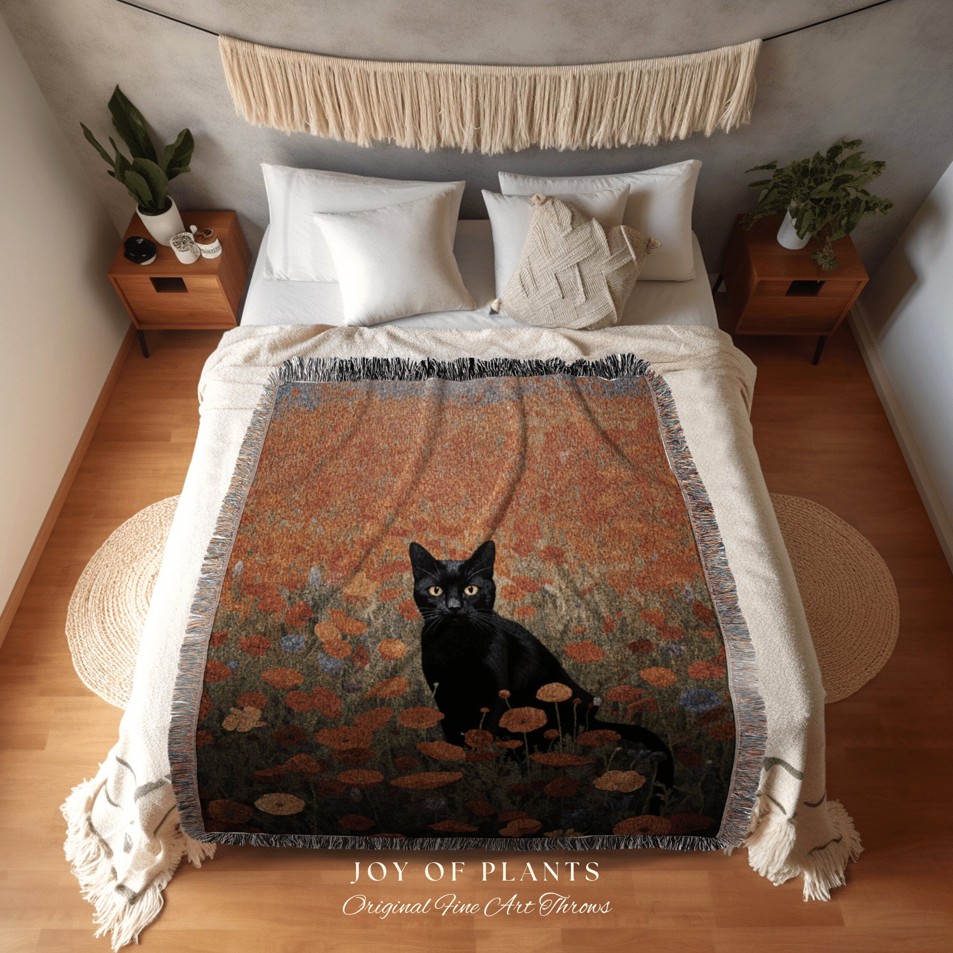 Poppy Fields Black Cat Art Halloween Decor Tapestry Black Cat Woven Blanket | Spooky Cat Halloween Decor Dark Cottagecore Tapestry Floral |