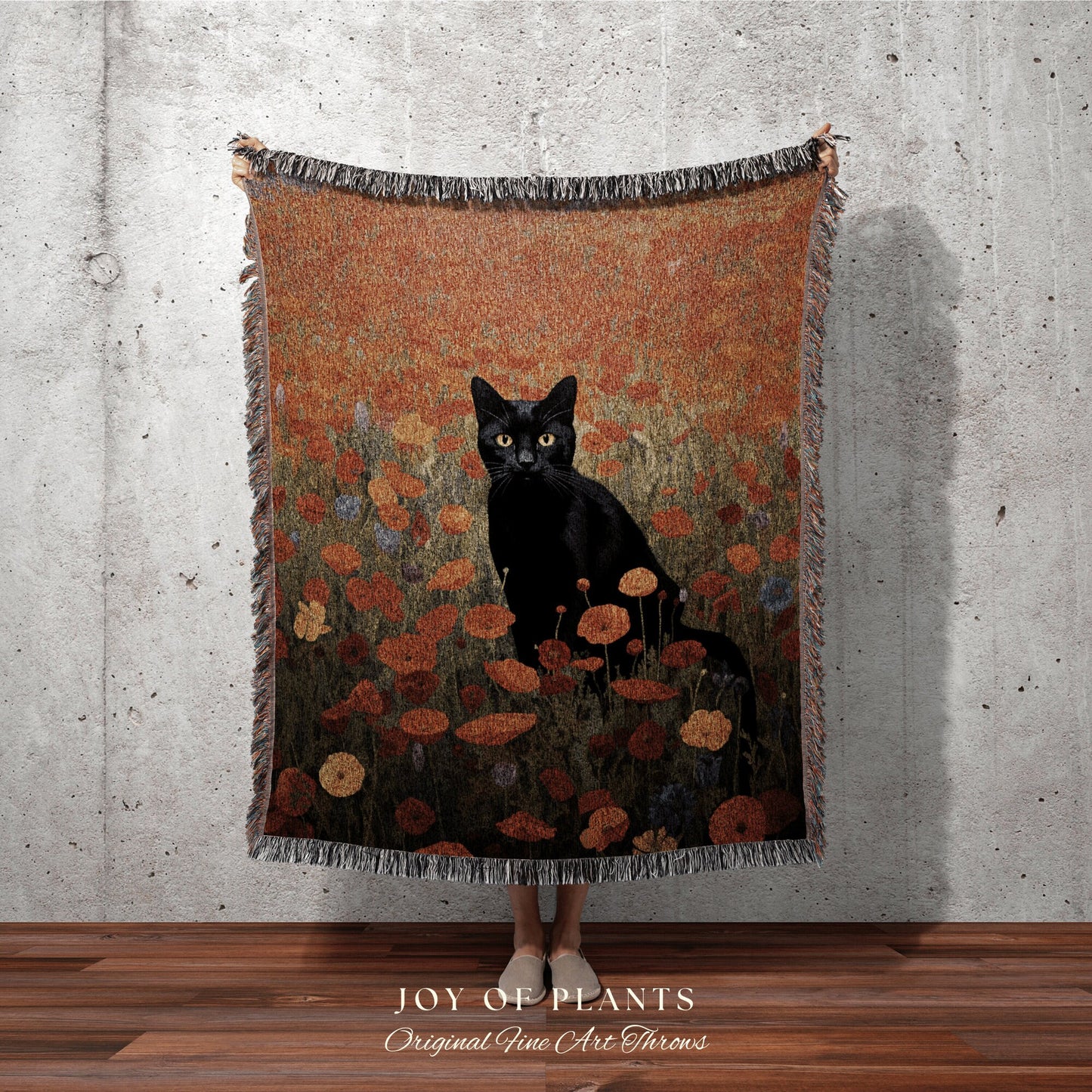 Poppy Fields Black Cat Art Halloween Decor Tapestry Black Cat Woven Blanket | Spooky Cat Halloween Decor Dark Cottagecore Tapestry Floral |