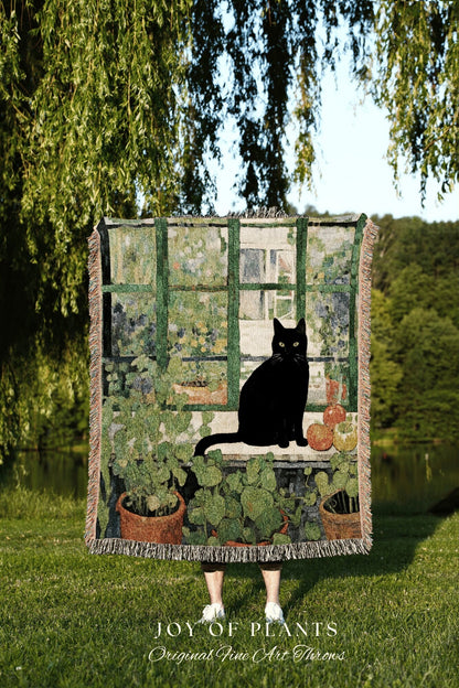 Cat in the Window Tapestry Halloween Tapestry Van Gogh Inspired Art Blanket Woven | Whimsical Room Decor Black Cat Decor Dark Cottagecore |