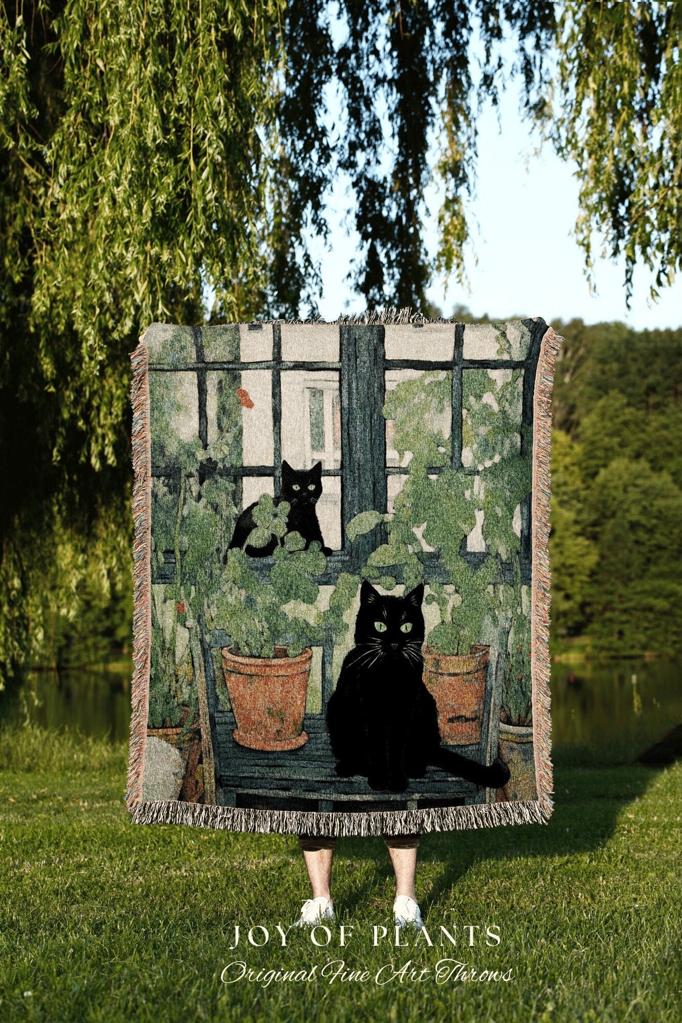 Vintage Floral Cat Tapestry Halloween Tapestry Van Gogh Inspired Art Blanket Woven | Whimsical Room Decor Black Cat Decor Cottagecore Art |