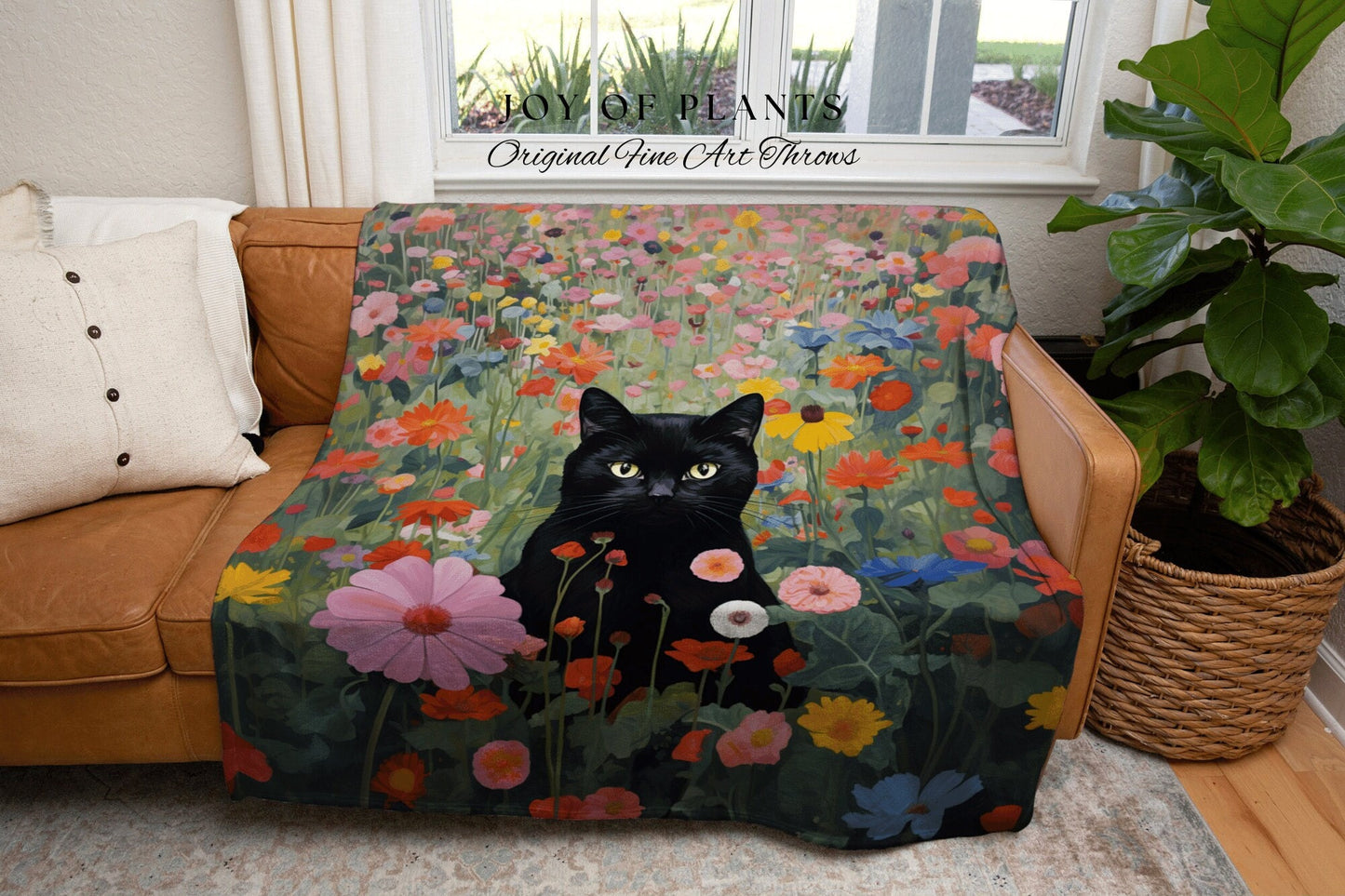 Wildflower Cat Blanket Vintage Wall Art Fall Decor Tapestry Woven Throw Blanket | Black Cat Woven Blanket Boho Halloween Cat Cottagecore |