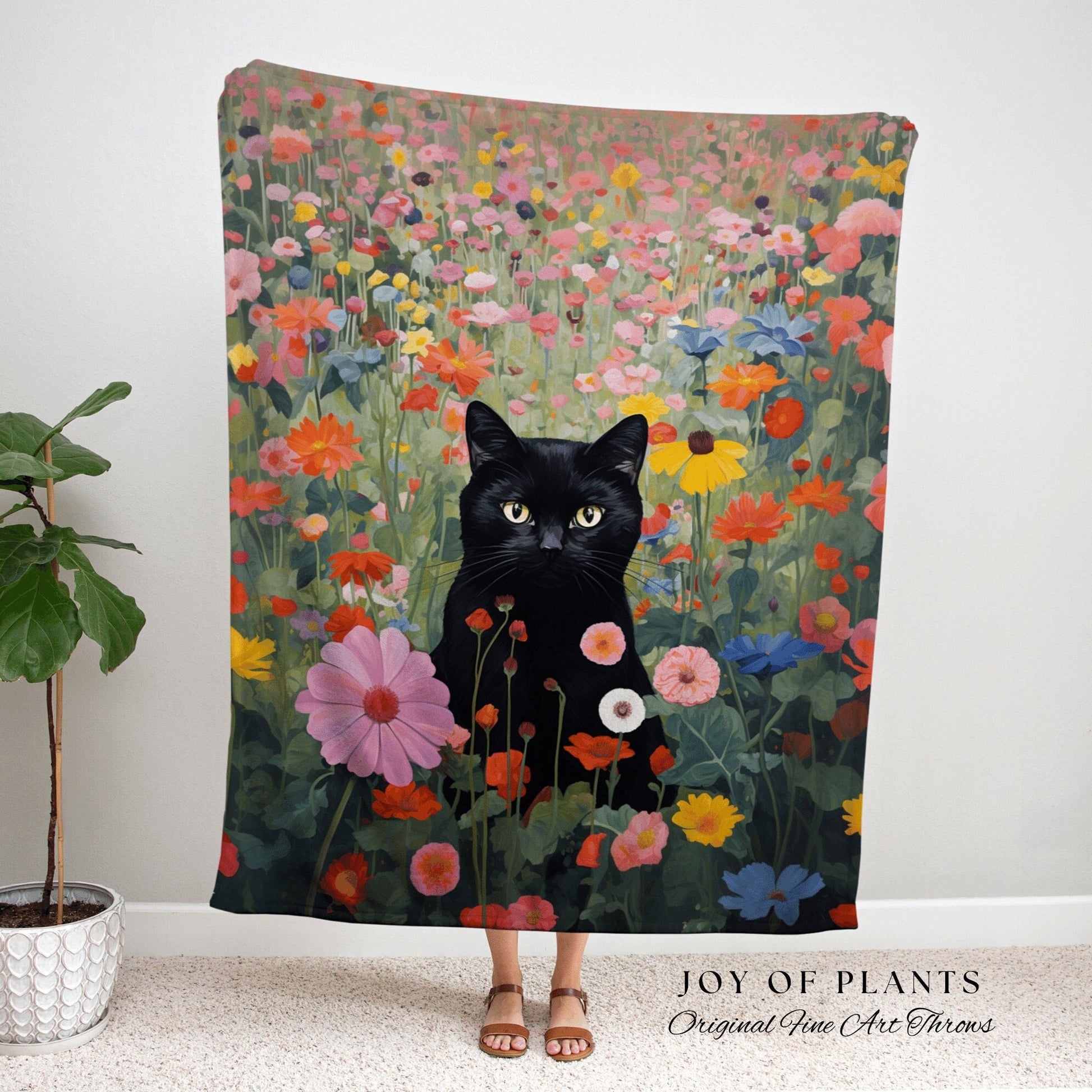 Wildflower Cat Blanket Vintage Wall Art Fall Decor Tapestry Woven Throw Blanket | Black Cat Woven Blanket Boho Halloween Cat Cottagecore |