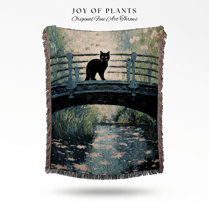 Moody Landscape Vintage Aesthetic Black Cat Woven Tapestry Art Monet Bridge Soft Cottagecore Art Tapestry Monet Water Lilies Blanket Art