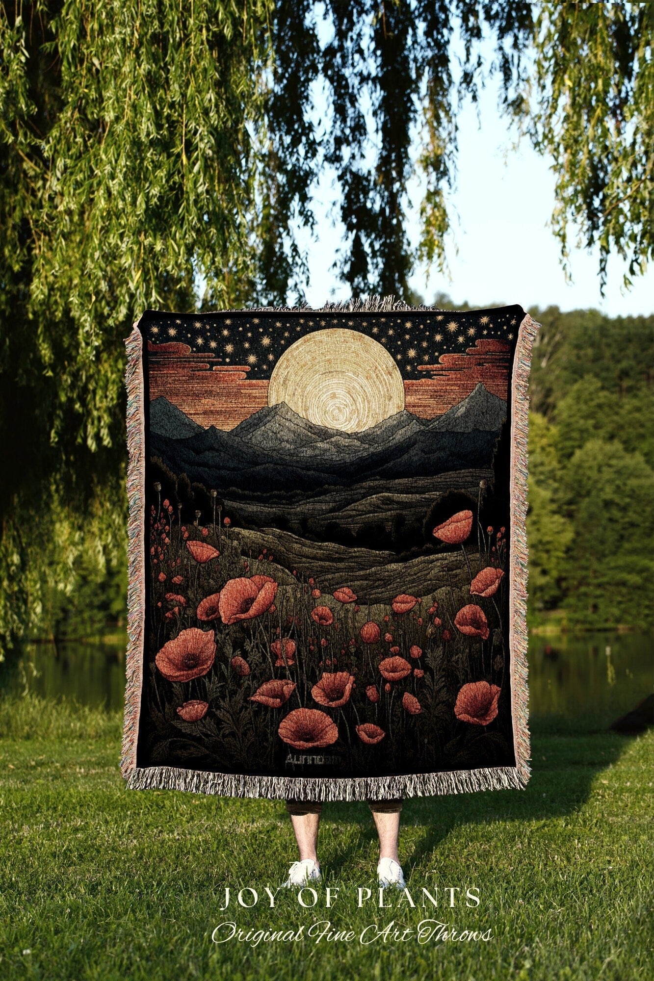 Poppy Flower August Birthday Custom Gift | Woven Blanket Personalized Birth Month Flower Tapestry | August Poppy Birth Flower Landscape Art