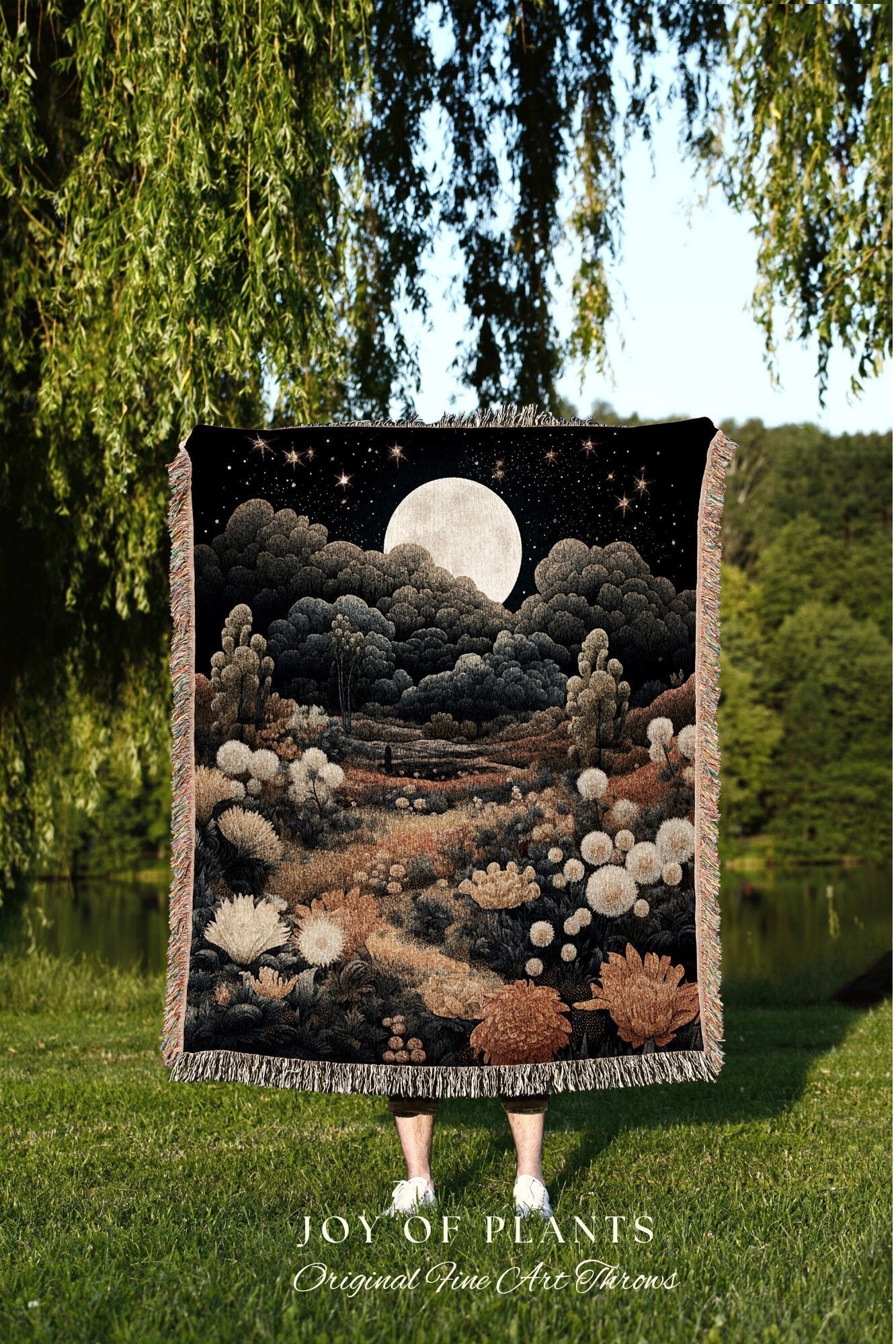 Marigold Birth Month Flower Tapestry Full Moon Landscape | Custom October Birthday Gift Woven Blanket Personalized Birth Flower October Gift