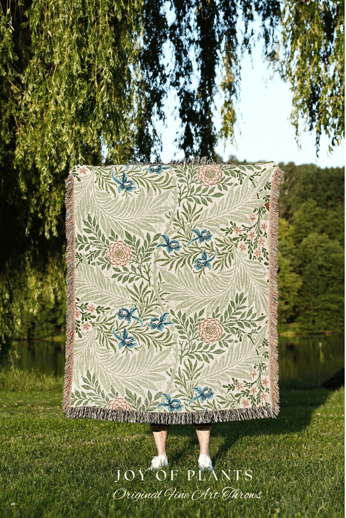 William Morris Print Woven Blanket | Victorian Decor Woven Throw Blanket | Sage Green Throw Blanket Floral Leaf Blanket Woven Throw