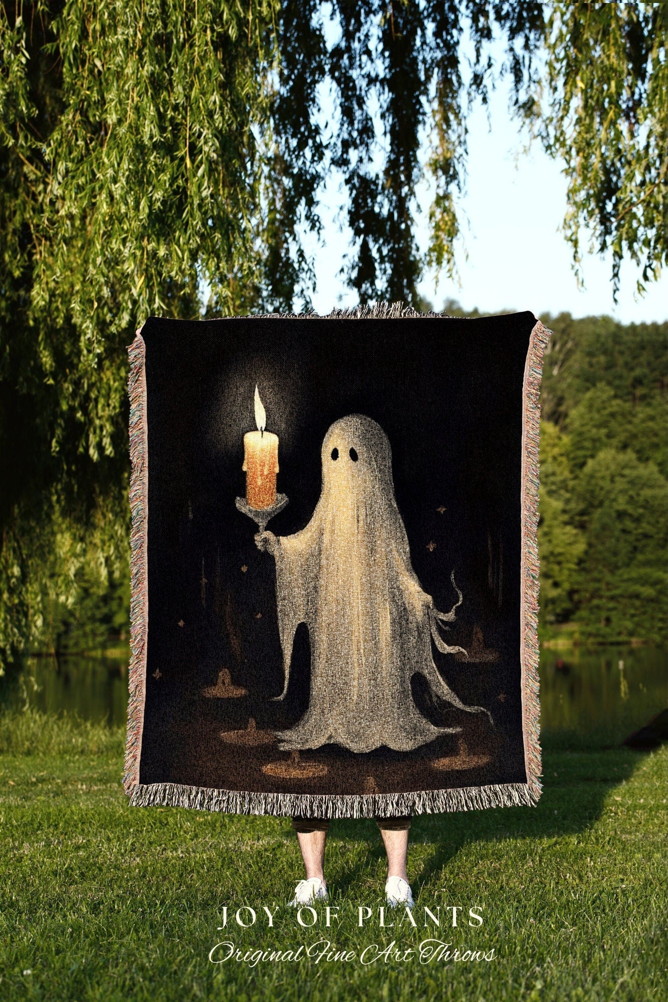 Cute Ghost Art Tapestry Woven Throw Blanket | Macabre Home Decor Blanket Halloween Decor Bedroom Whimsigoth Tapestry Woven Art Blanket Woven