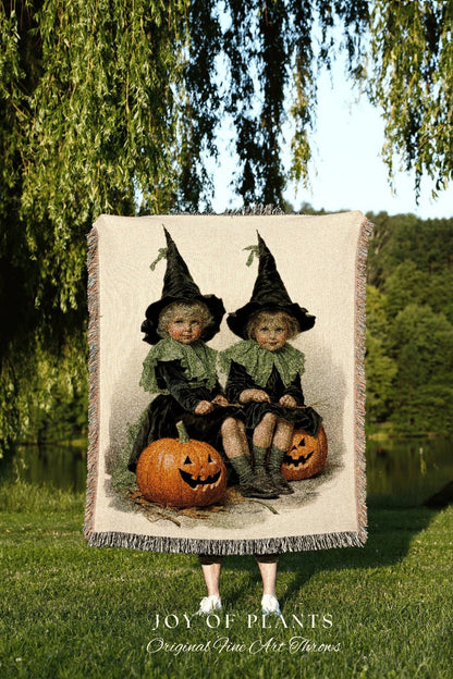 Kids Halloween Decor Witch Tapestry Woven Blanket | Vintage Witch Halloween Decor Blanket Dark Academia Bedroom Midcentury Halloween Cute |