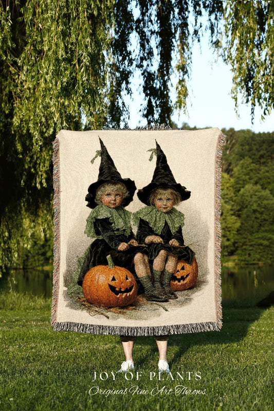 Kids Halloween Decor Witch Tapestry Woven Blanket | Vintage Witch Halloween Decor Blanket Dark Academia Bedroom Midcentury Halloween Cute |