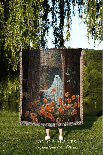 Among The Poppy Flowers Ghost Blanket | Woven Tapestry Blanket Macabre Wall Art Ghost Decor Spooky Tapestry Gift for Halloween Dark Floral |