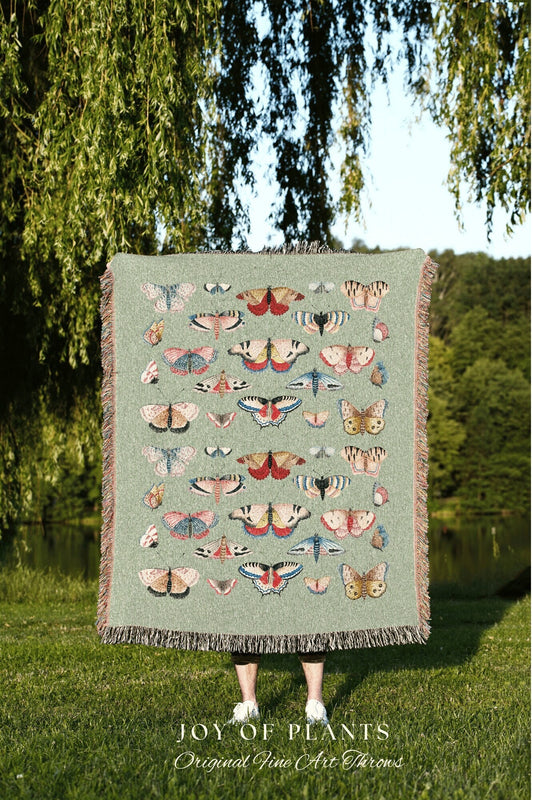 Cottagecore Butterfly & Moth Blanket Woven Tapestry | Pastel Moth Decor Vintage Butterfly Illustration | Woodland Fairy Aesthetic Tapestry |