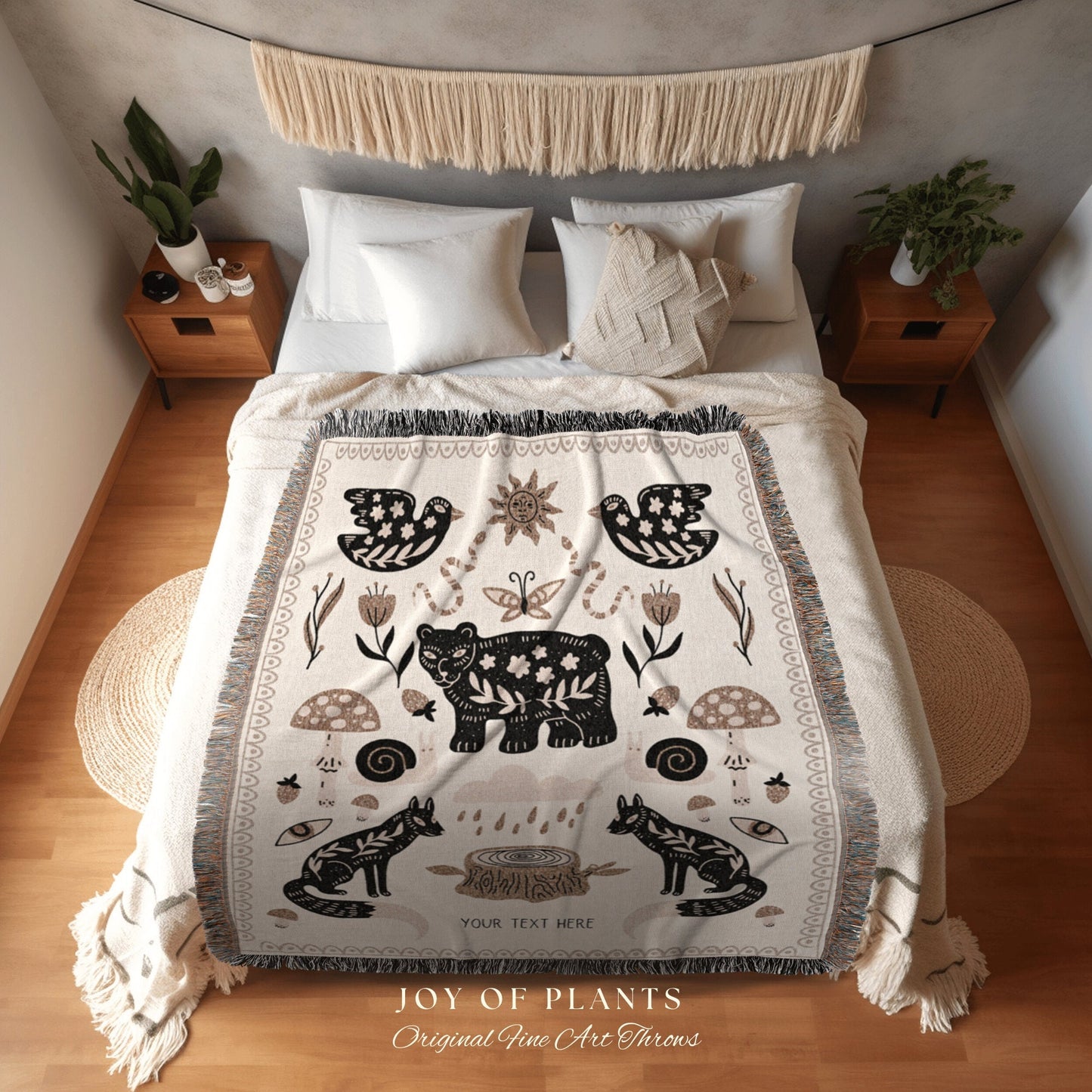 Hygge Home Decor | Woodland Animals Woven Throw Blanket Scandinavian Decor Woven Blanket | Scandinavian Folk Mushroom Blanket Woven Throw