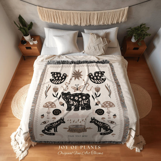 Hygge Home Decor | Woodland Animals Woven Throw Blanket Scandinavian Decor Woven Blanket | Scandinavian Folk Mushroom Blanket Woven Throw