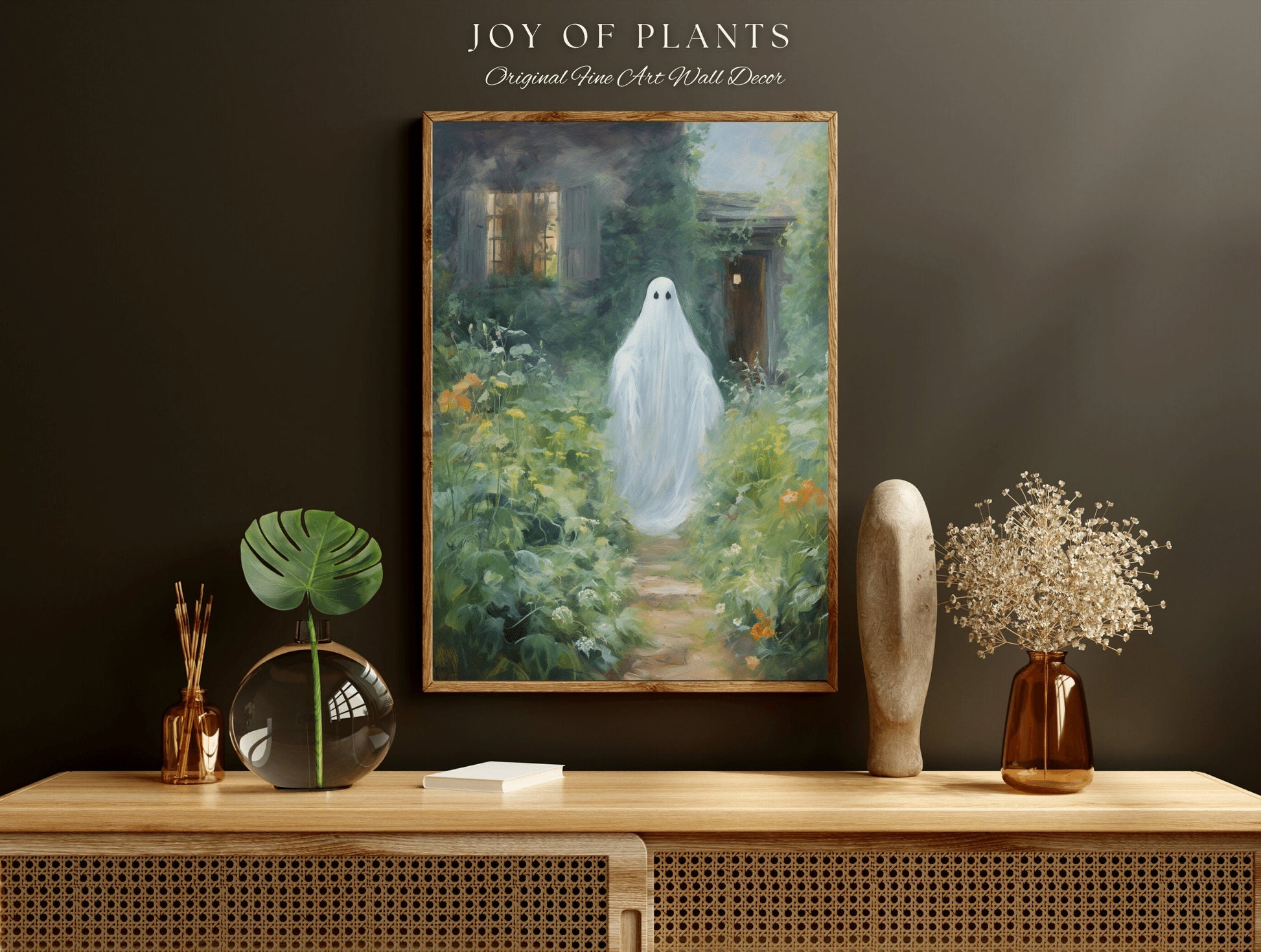 Wandering Garden Ghost Painting Botanical Wall Art | Printable Wall Art Digital Download | Spooky Cute Ghost Art Floral Wall Hanging Decor |