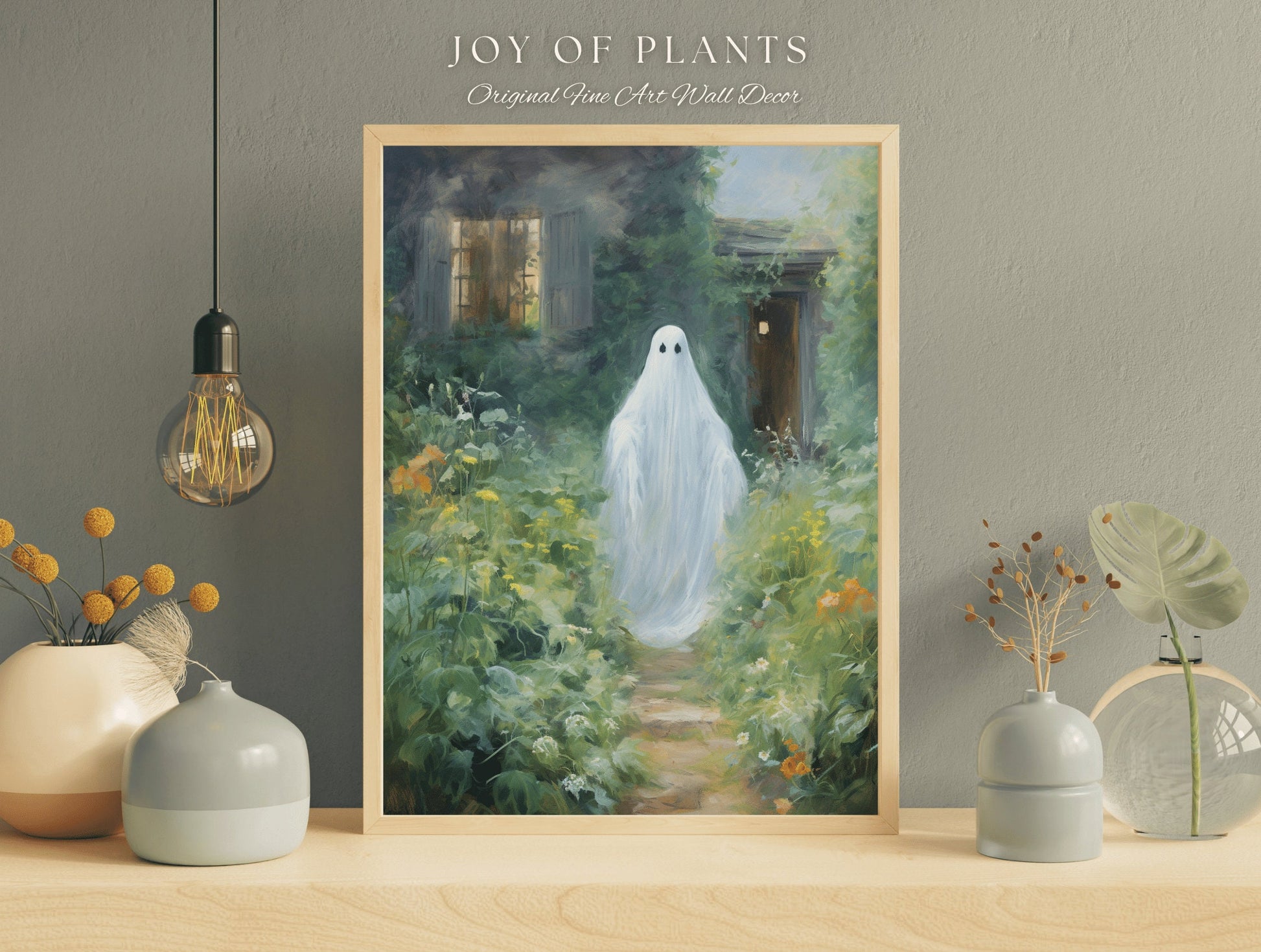 Wandering Garden Ghost Painting Botanical Wall Art | Printable Wall Art Digital Download | Spooky Cute Ghost Art Floral Wall Hanging Decor |