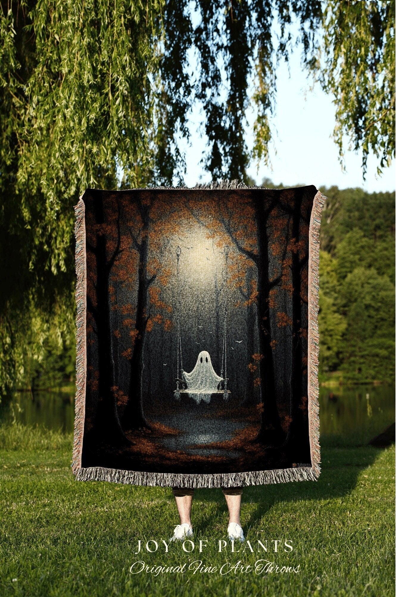 Ghost on a Swing Vintage Art Tapestry Woven Throw Blanket | Macabre Home Decor Blanket Dark Academia Decor Bedroom Whimsigoth Tapestry Woven