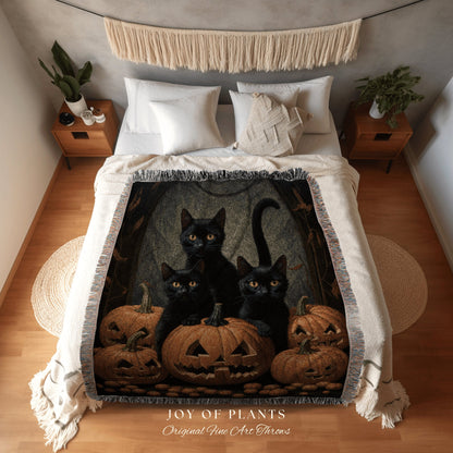 Vintage Halloween Pumpkin Black Cat Tapestry | Spooky Season Black Cat Halloween Decor Dark Cottagecore Tapestry Woven Blanket Witch Decor |