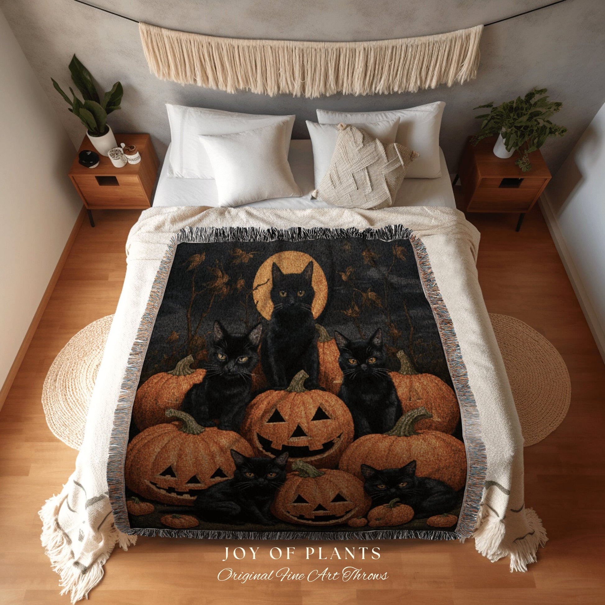 Black Cats Vintage Halloween Pumpkin Tapestry | Spooky Season Black Cat Dark Cottagecore Tapestry Witch Halloween Decor Woven Throw Blanket