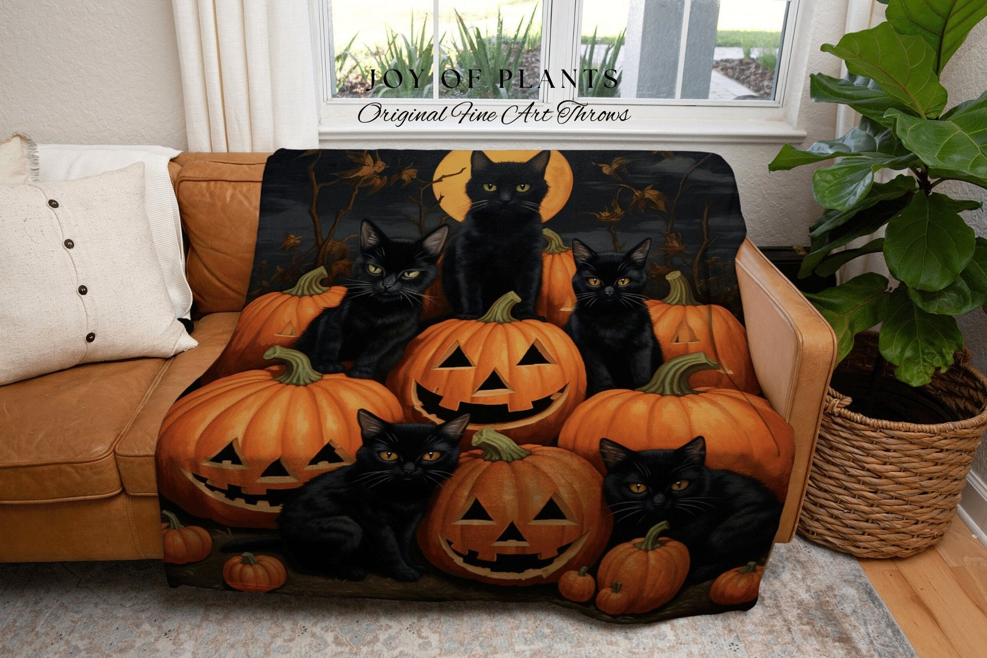 Black Cats Vintage Halloween Pumpkin Tapestry | Spooky Season Black Cat Dark Cottagecore Tapestry Witch Halloween Decor Woven Throw Blanket