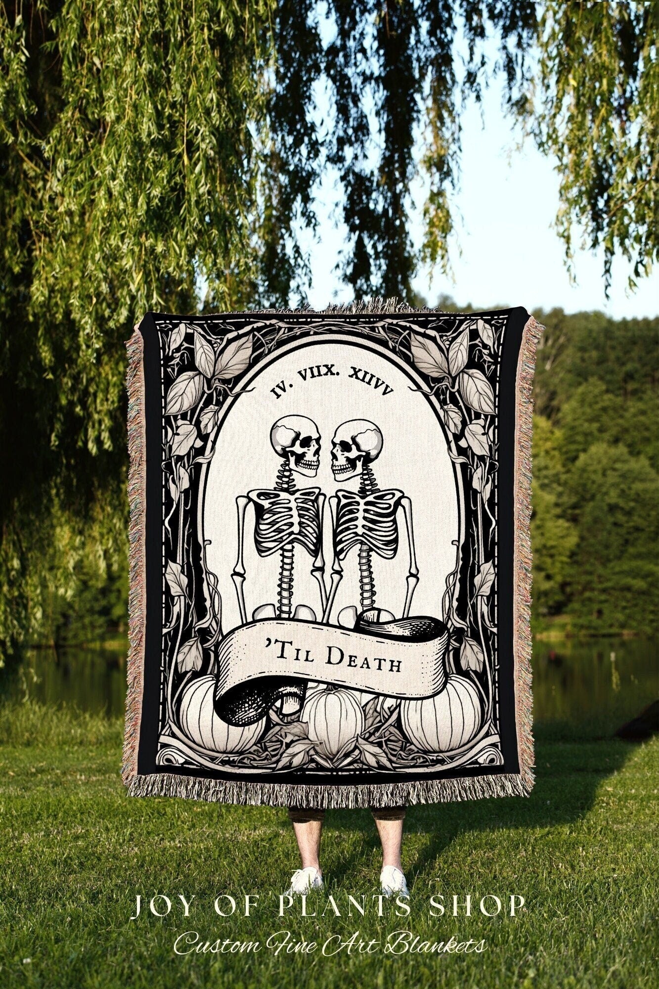 Til Death Do Us Part Woven Throw Blanket Custom Skeleton Couple Woven Blanket | Gothic Wedding Custom Throw Blanket | Victorian Goth Gift